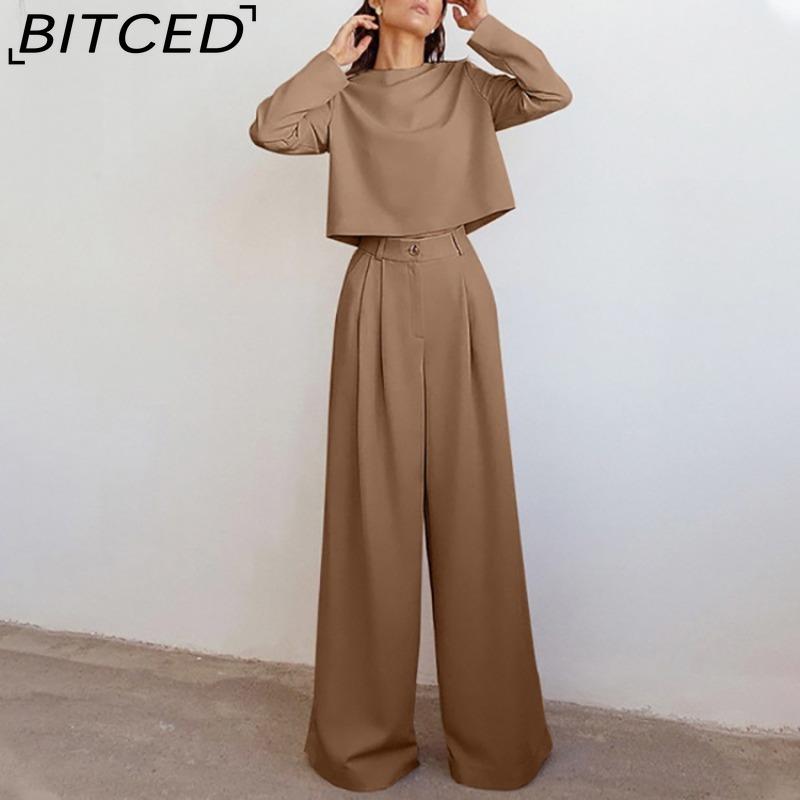 

BITCED Высококачественный Модный Всесезонный Женский Комплект, Короткий Топ, Однотонные Брюки Широкого Покроя S хаки