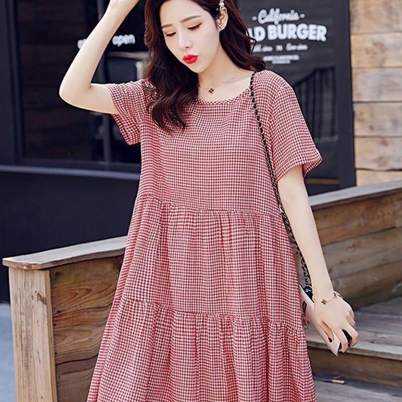 Maternity Clothing Summer New Medium and Long Two-color Round Neck Plaid Skirt Loose and Thin Belly-covering A-word Dress