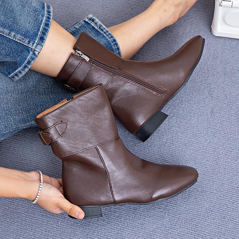 Women'S High-End Denim Ankle Boots-Low Heel, Soft Leather, Fleece-Lined, Reversible, Retro&Stylish, Flat Heel, Versatile Design