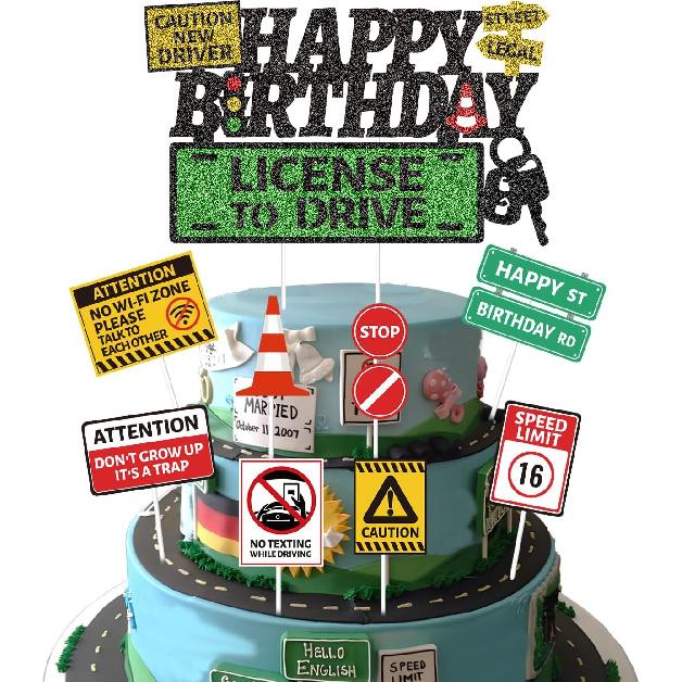 Driver License Birthday Cake Toppers Decorations, 16th Birthday Party Decorations for Boys, Learner Driver Car Road Signs Theme Cake Decor Supplies