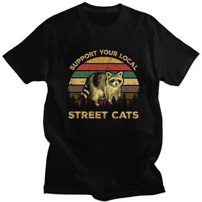 Custom Vintage Support Your Local Street Cats Raccoon T Shirts for Men 100 Cotton Tee Tops Racoon Panda Tshirt Casual Tshirt
