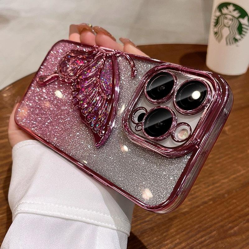 Glitter Quicksand Butterfly Is Suitable for Apple 16ProMax Mobile Phone Case 15 with Its Own Lens Film 14 Advanced Sense 13 Light Luxury