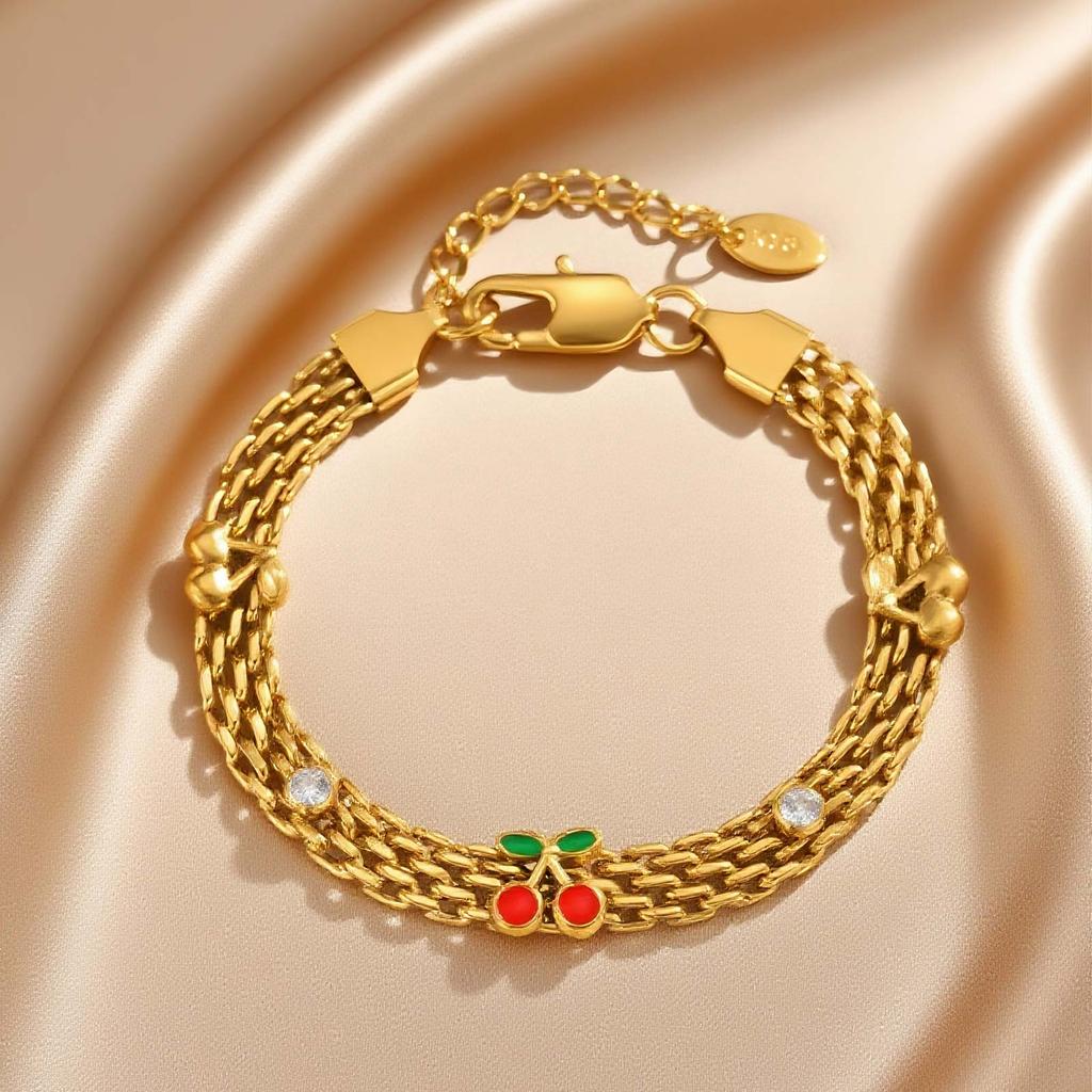 Cute Cherry White Zircon Bracelet for Women,18K Gold Plated Mesh Strap Chain Bracelets,Fashion Daily Jewelry Gifts