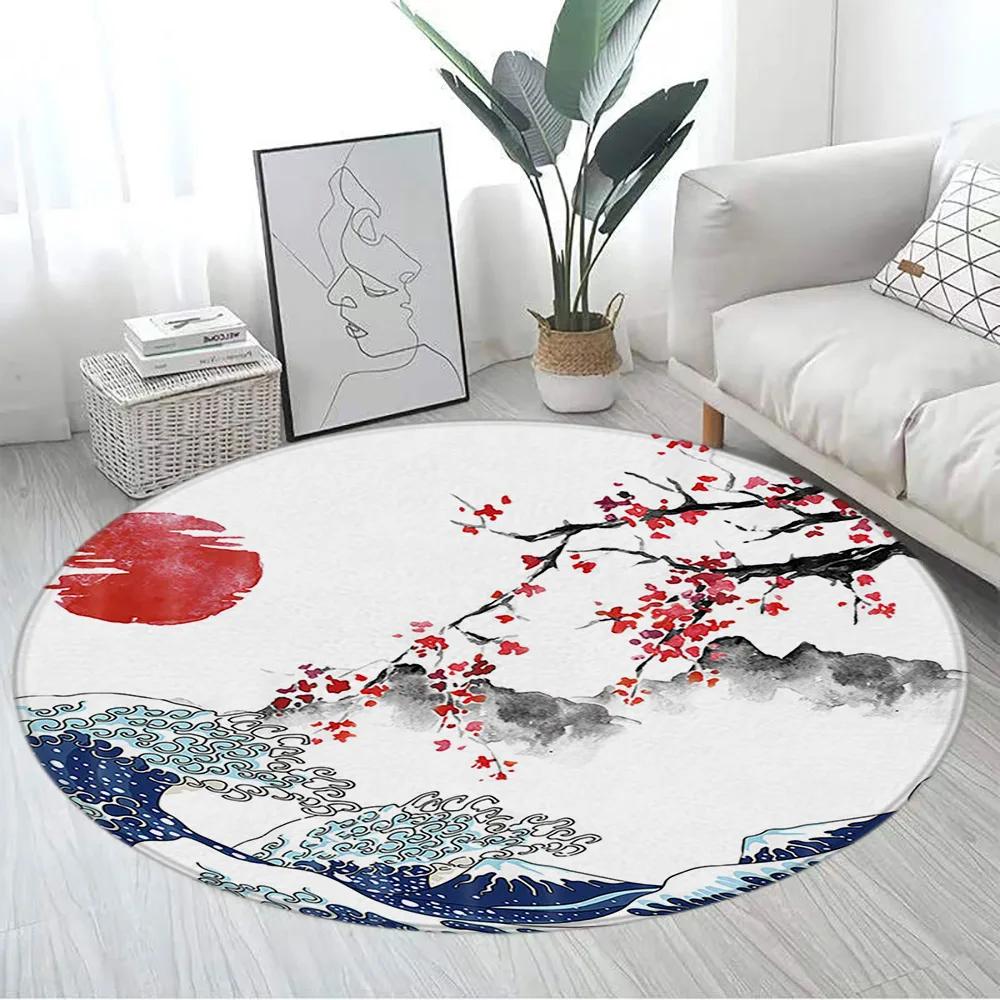Japanese Style Round Carpet Mountain Cherry Blossom Koi Octopus Lotus Sea Waves Ink Art Living Room Home Decor Mats Floor Rugs