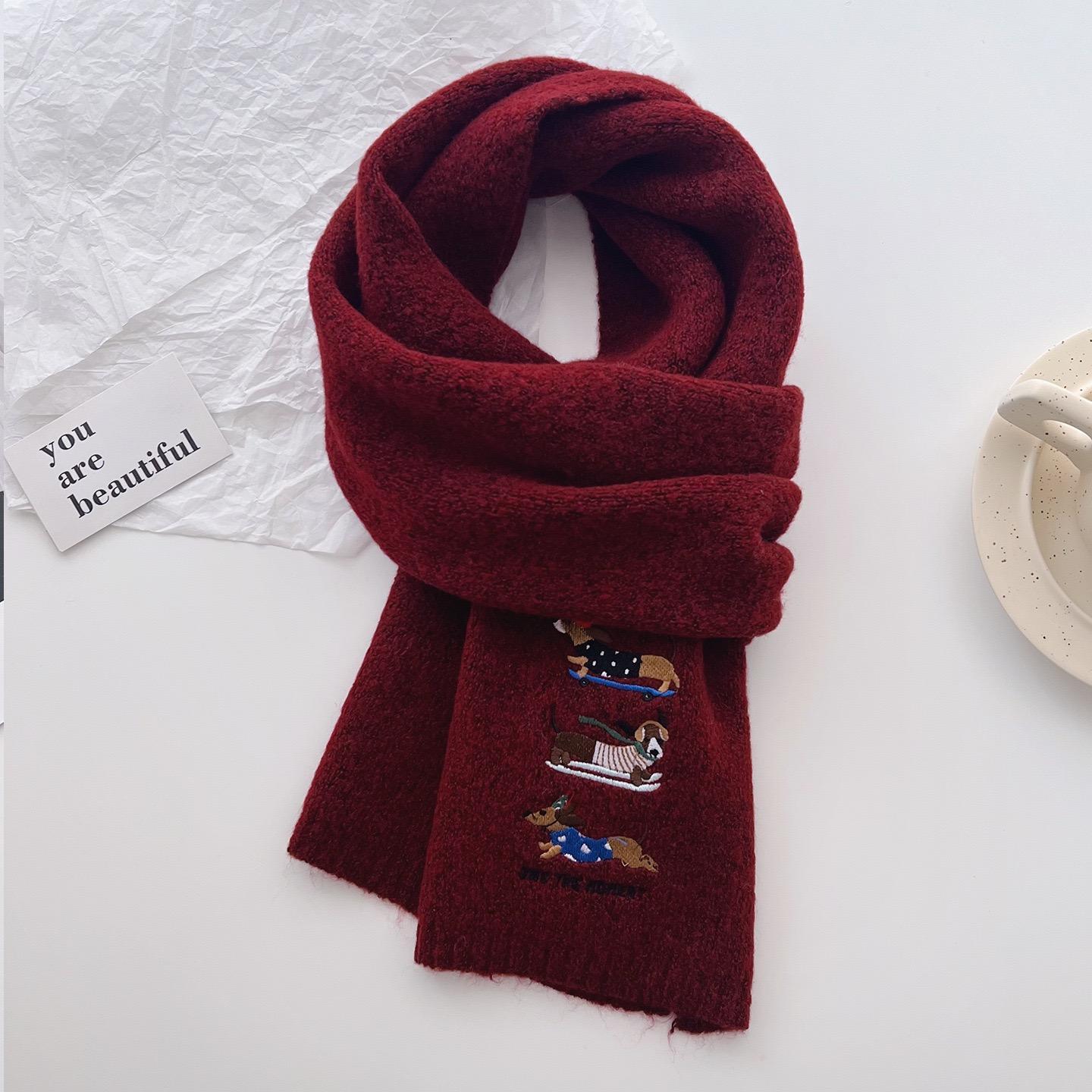 Eenvoudig Geborduurd Dashond Hond Gebreide Warme Sjaal Winter Vrouw Hoge Kwaliteit Wikkel Pashmina Stola Bufandas Hijab Nekwarmer black