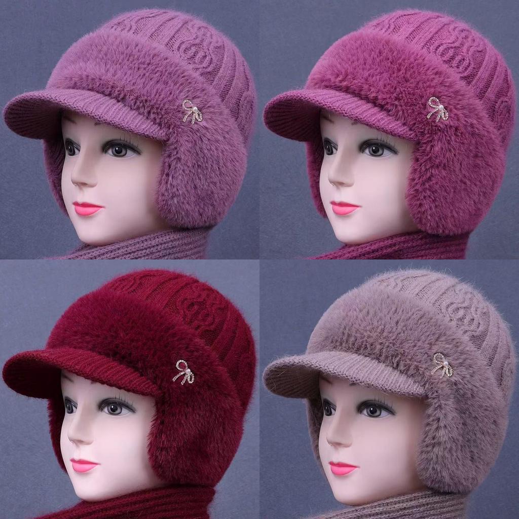 Knitted Earflap Hat For Seniors With Rhinestone Bow Decor For Autumn Winter