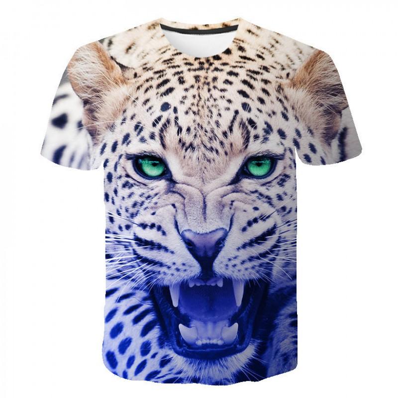 Mens Short Sleeve T-Shirt With 3D Leopard Head Print Loose Fit Cotton Blend Tee Casual Wear