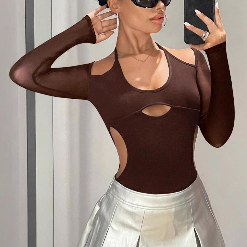 

Женский сексуальный комбинезон с открытой спиной и длинными рукавами из Европы и Америки на весну и осень L коричневый