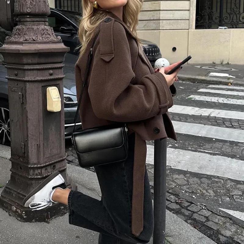 European and American Women's Clothing Big Lapel Woolen Sweater Fashion Short Belt Coat Jacket