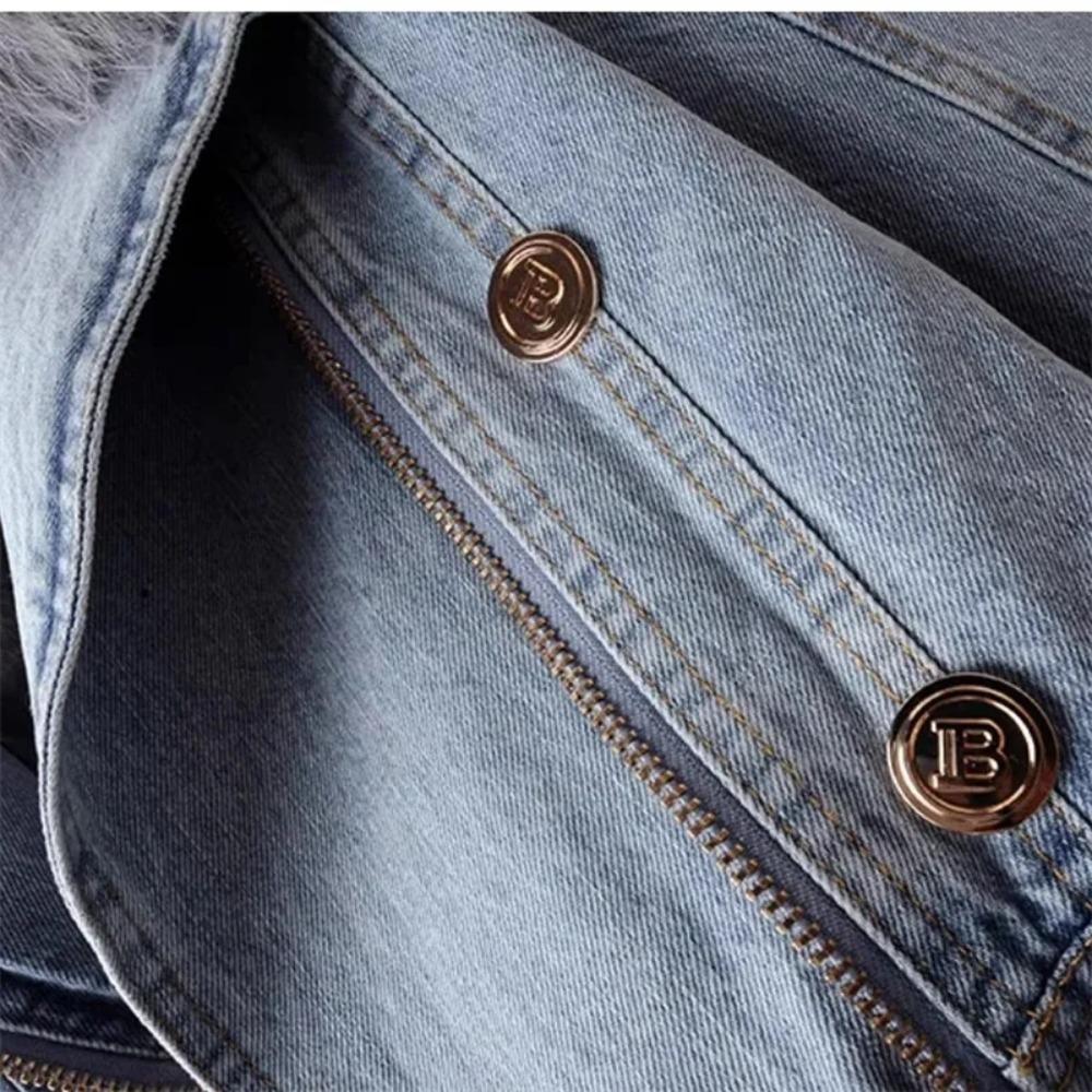 Detachable Faux Fox Fur Rabbit Fur Inner Lining Denim Jacket Women's Short Top Female Warm Parker Outwear