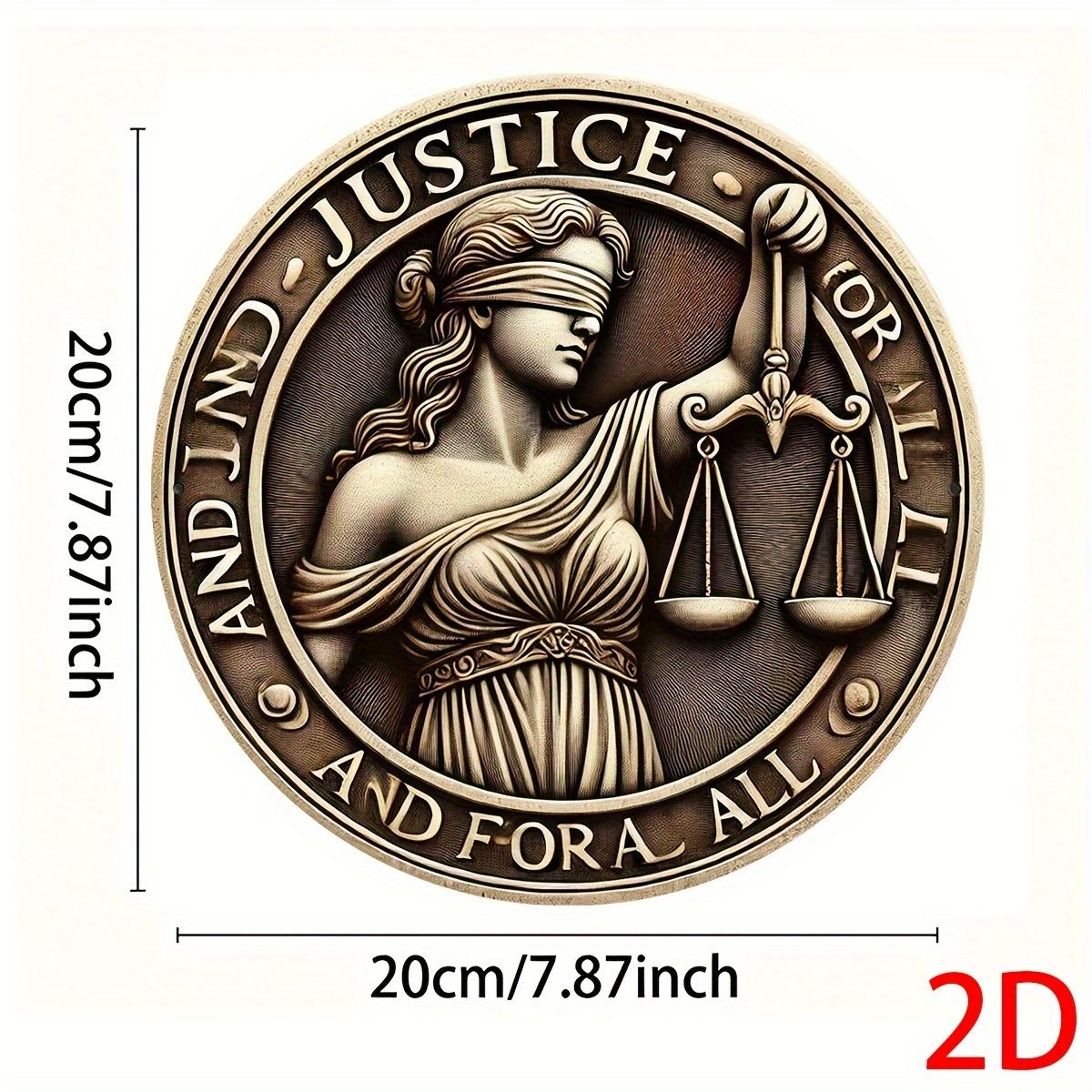 pc Metal Aluminum Sign D Flat Vintage Goddess of Justice Wall Plaque Round Legal Pattern with Blindfolded Lady Justice 20x20cm(8x8inch)