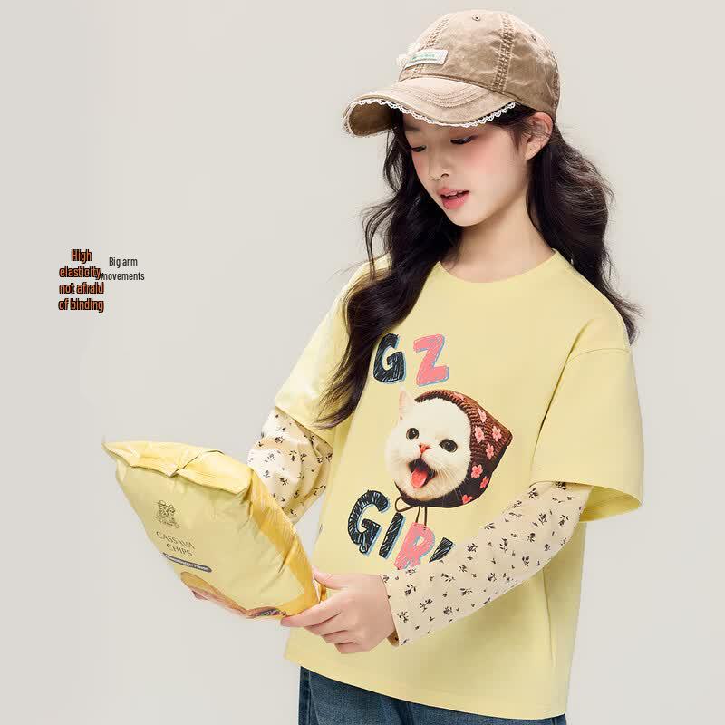 Girls' Fake Two-Piece Floral Long-Sleeve T-Shirt