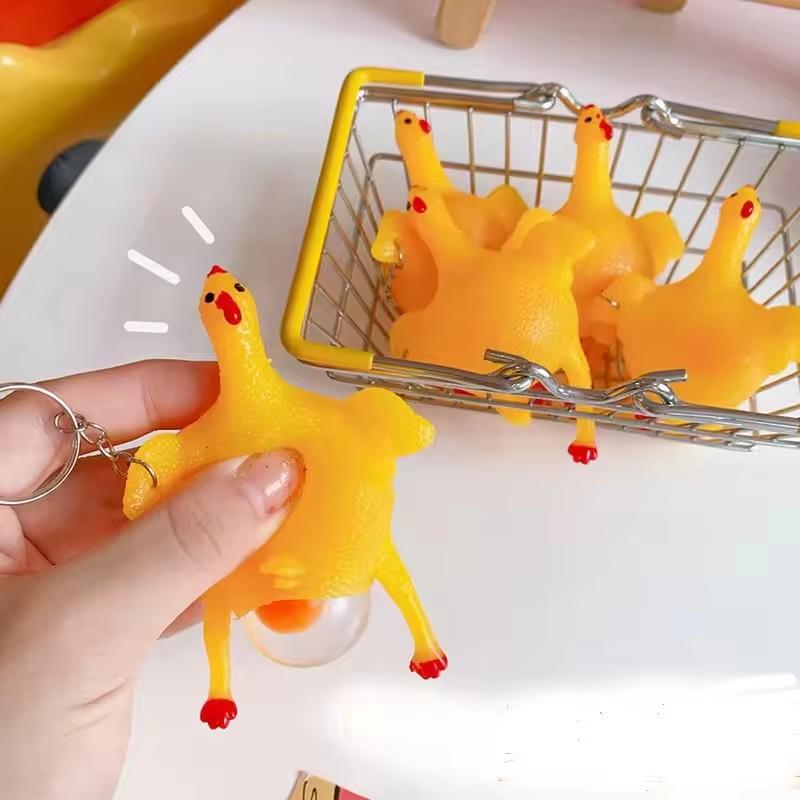Funny 2Pcs Mini Chicken Keychain Squeezable Tpu Egg-Laying Duck Toy Creative Novelty Key Ring Humorous Gag Gift Yellow