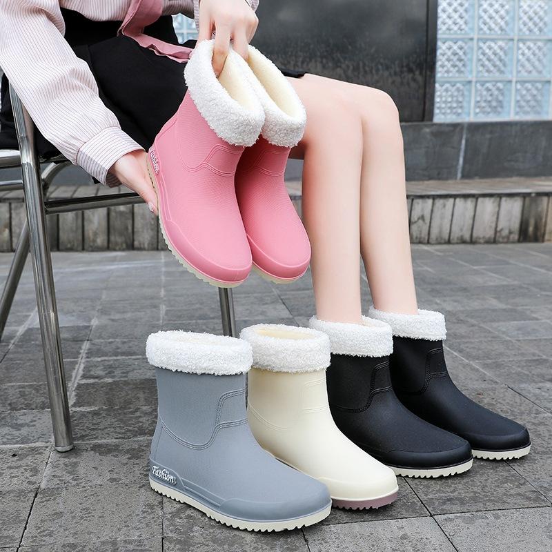 Rain Shoes Women's Adult Short Water Shoes Non-slip Waterproof Boots Wear-resistant Four-season Students Versatile Solid Color Warm Rain Boots Women