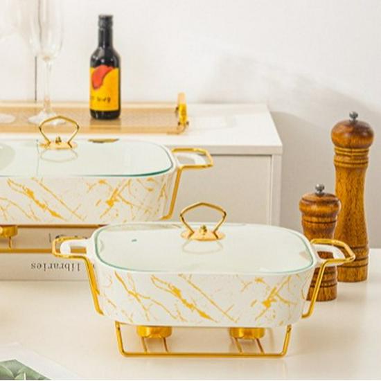 Rectangular Golden Ceramic Baking Casserole Pot with Stand