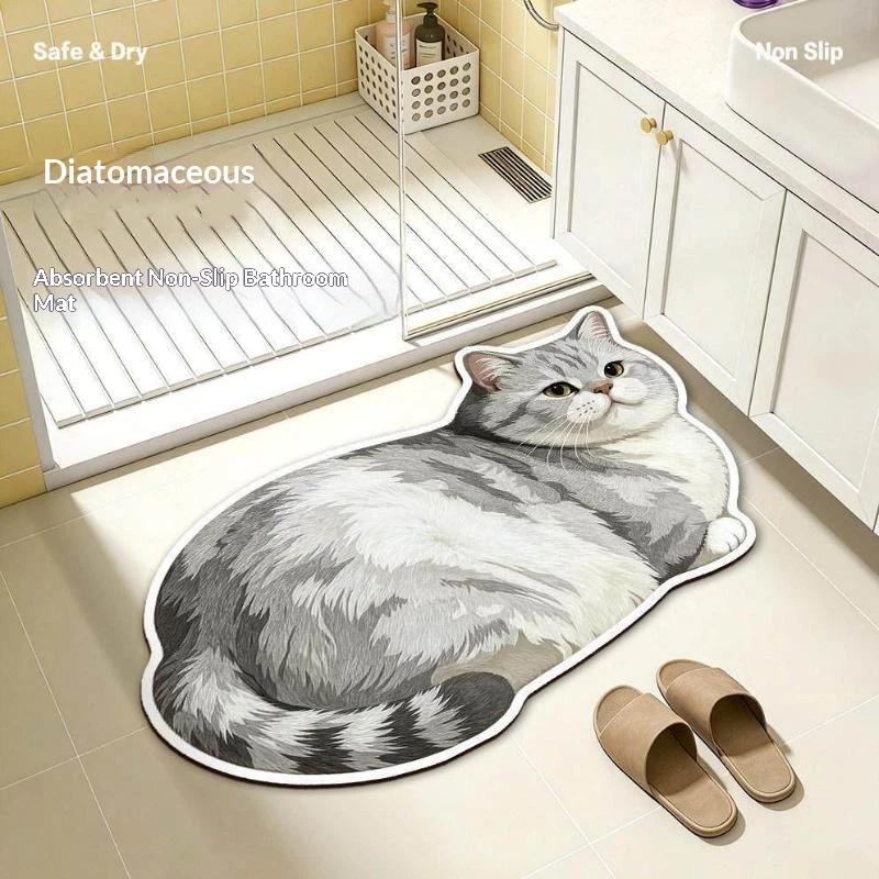 Diatomite Bath Mat Kawaii Cat Print Non Slip Super Absorbent Odor Resistant for Home Bathroom Shower Use