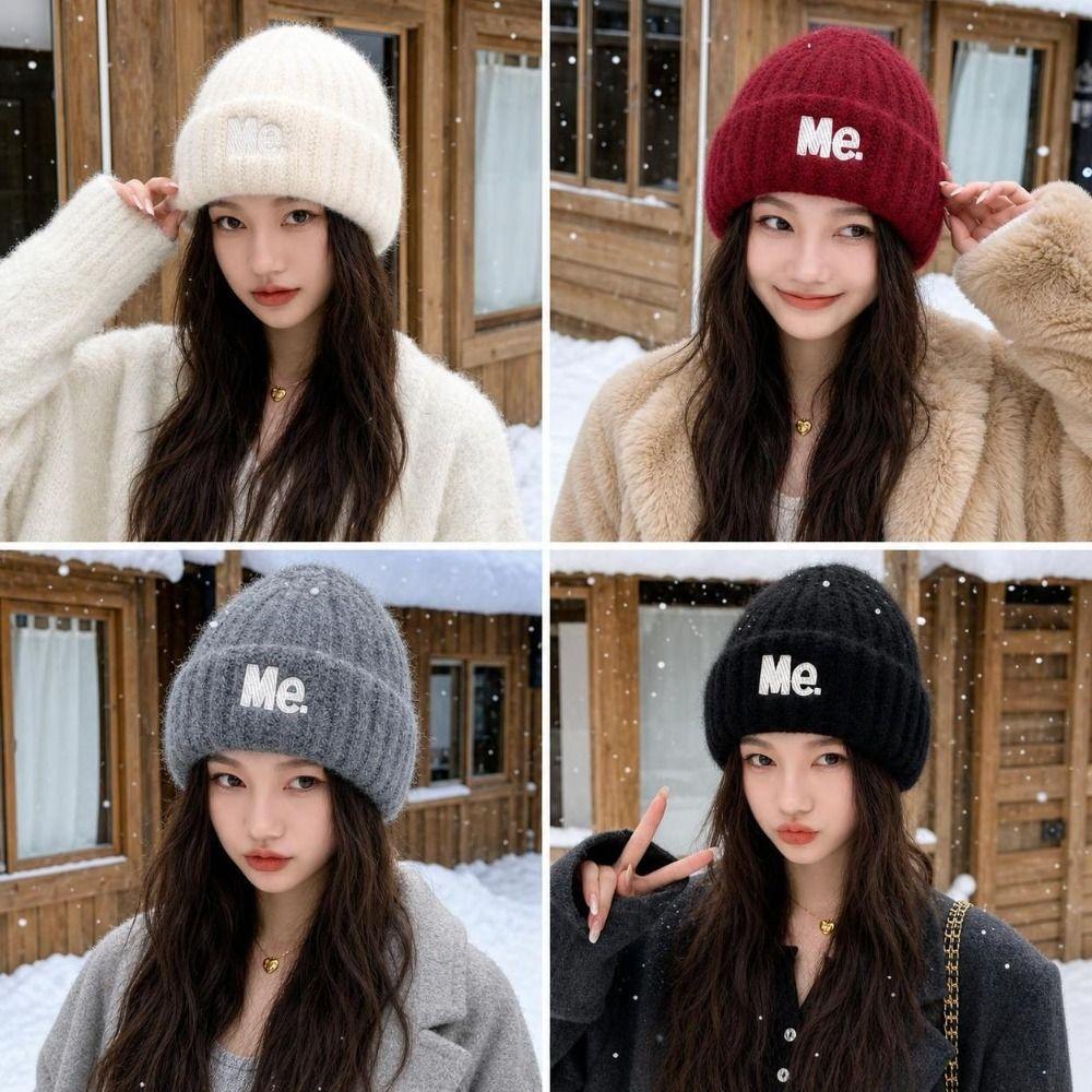 Embroidered Letters Winter Beanie Hat Solid Color Warm Hat Stylish Pullover Hat  For Women