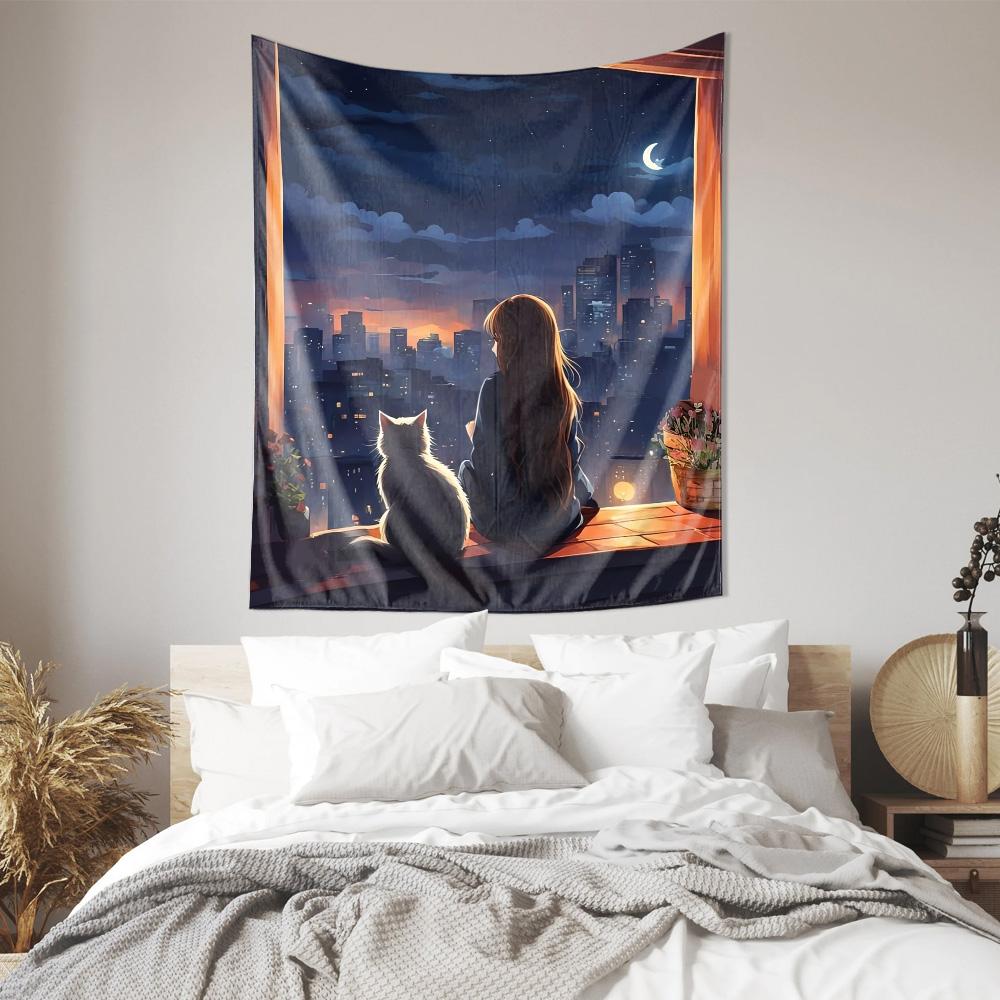 As Night Falls and the City Lights Twinkle  Decorative Hanging Tapestries