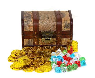 Pirate Treasure Chest Set with Lock MK-3, 50 Sparkling Gold Coins & 30 Gems, KOZIMA Original Package