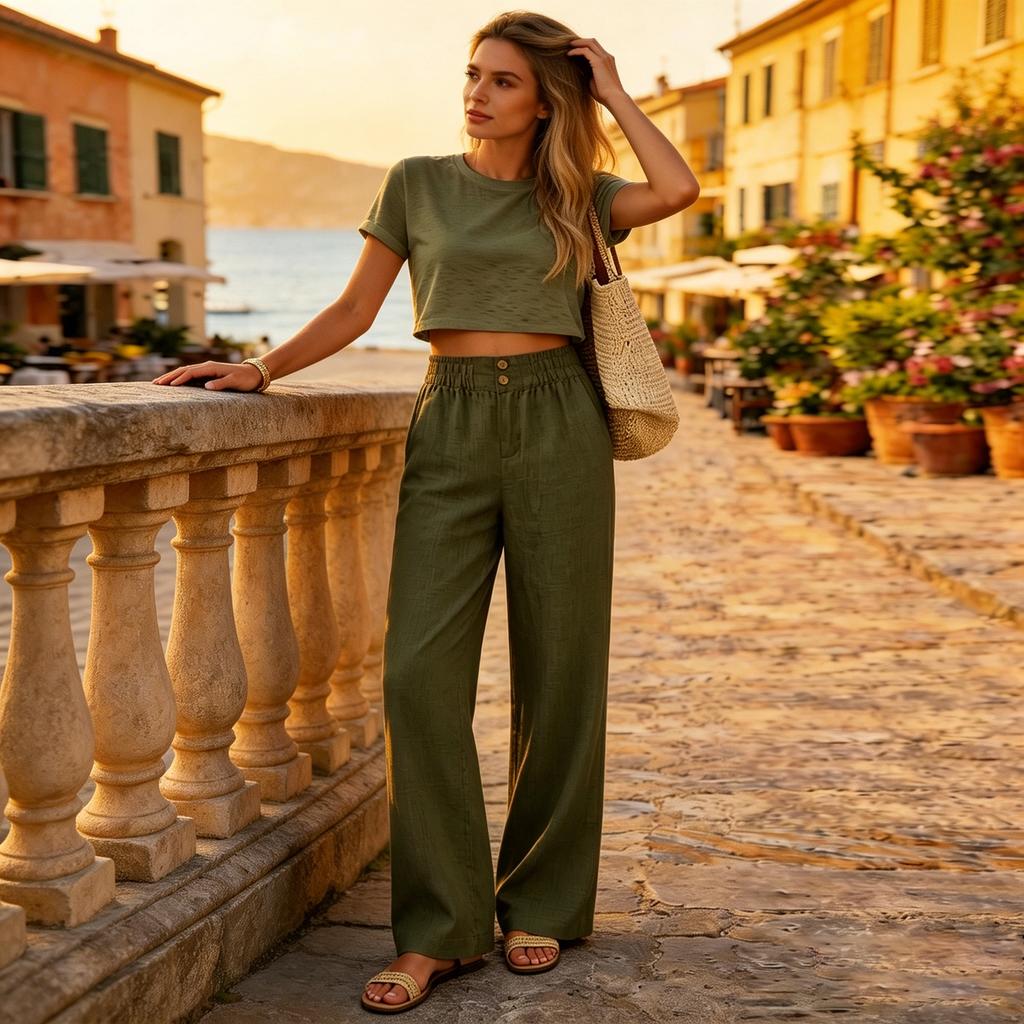 Women's Fashion Button Detail Straight Leg Casual Pants Elastic Waistband Lightweight Comfortable Wide Leg Trousers for Everyday Wear