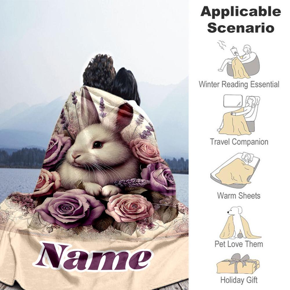 Beautiful Rabbit Customize Text Blanket Cozy Personalized Blanket Ultra-Soft Suitable for Home Decor Nap Livingroom Picnics All-Season Use