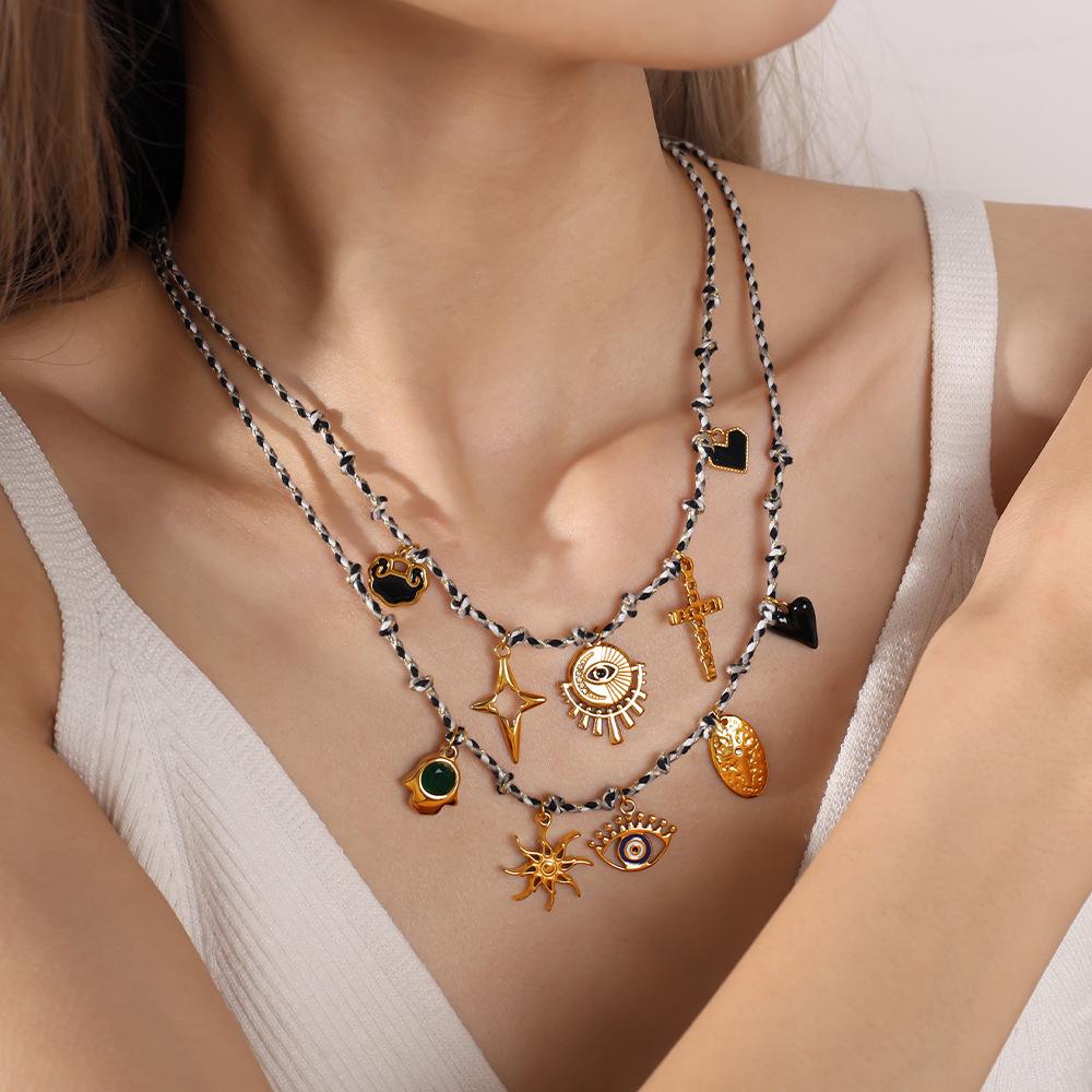 European-American Geometric Woven Rope Jewelry Set: Natural Stone Bracelet & Necklace