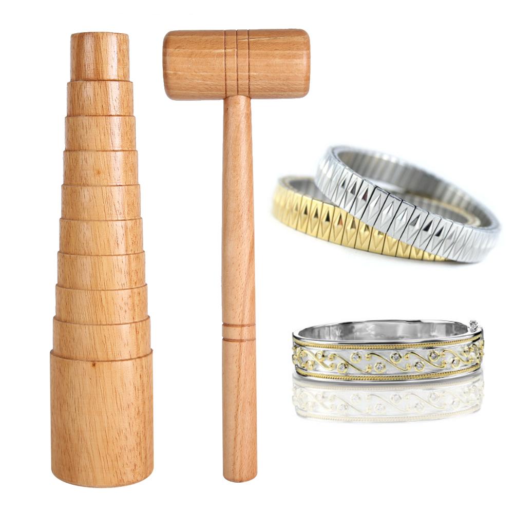 2pcs Set Wooden Mandrel Sizer Jewelry Making Adjust Bangle Sizing Measurement Stick Hammer Tool Set
