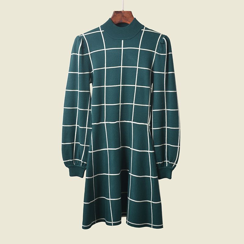 

High-End Small Stand Collar Waist Hugging A- line Skirt Elegant Lantern Sleeve Double-Layer Knitted Medium-Thick Foreign Trade Color Matching Dress Green S
