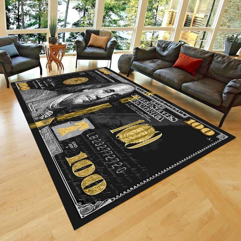 100 Dollar Bill Area Rug Non-Slip Polyester Money Rug Living Room and Bedroom Decoration Carpet