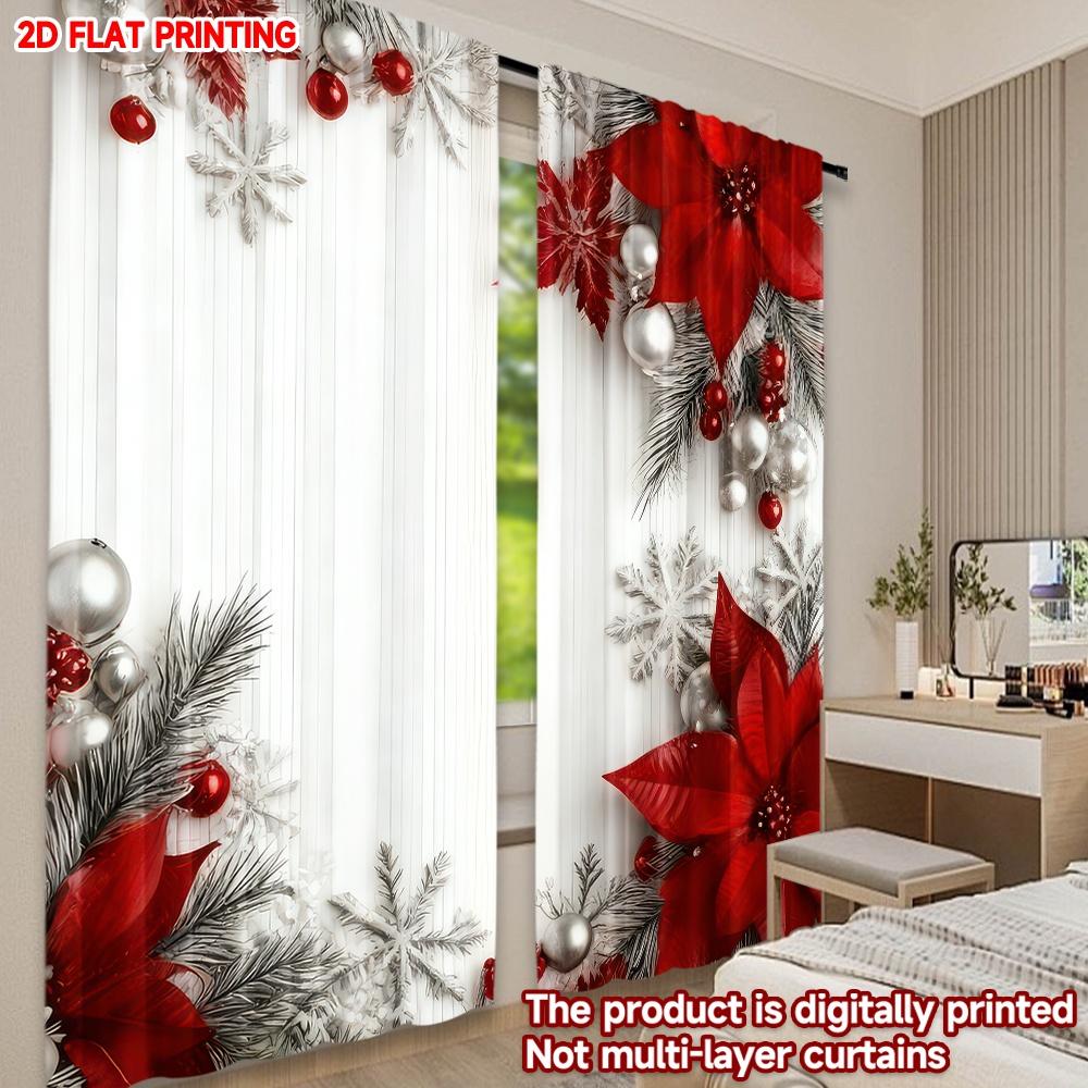Set Of 2 Flat Printing Christmas Hot Curtains Red Flowers Snowflakes Digital Printed Polyester Drapes Party Decorations Curtain