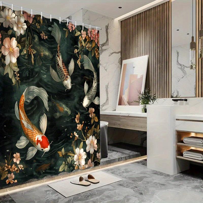 

1pc Koi Fish Shower Curtain - Orange, White & Black Koi in Lush Pond with Flowers, Polyester, 70.8x70.8 ,12 Hooks, Easy to Clean W90XH180cm