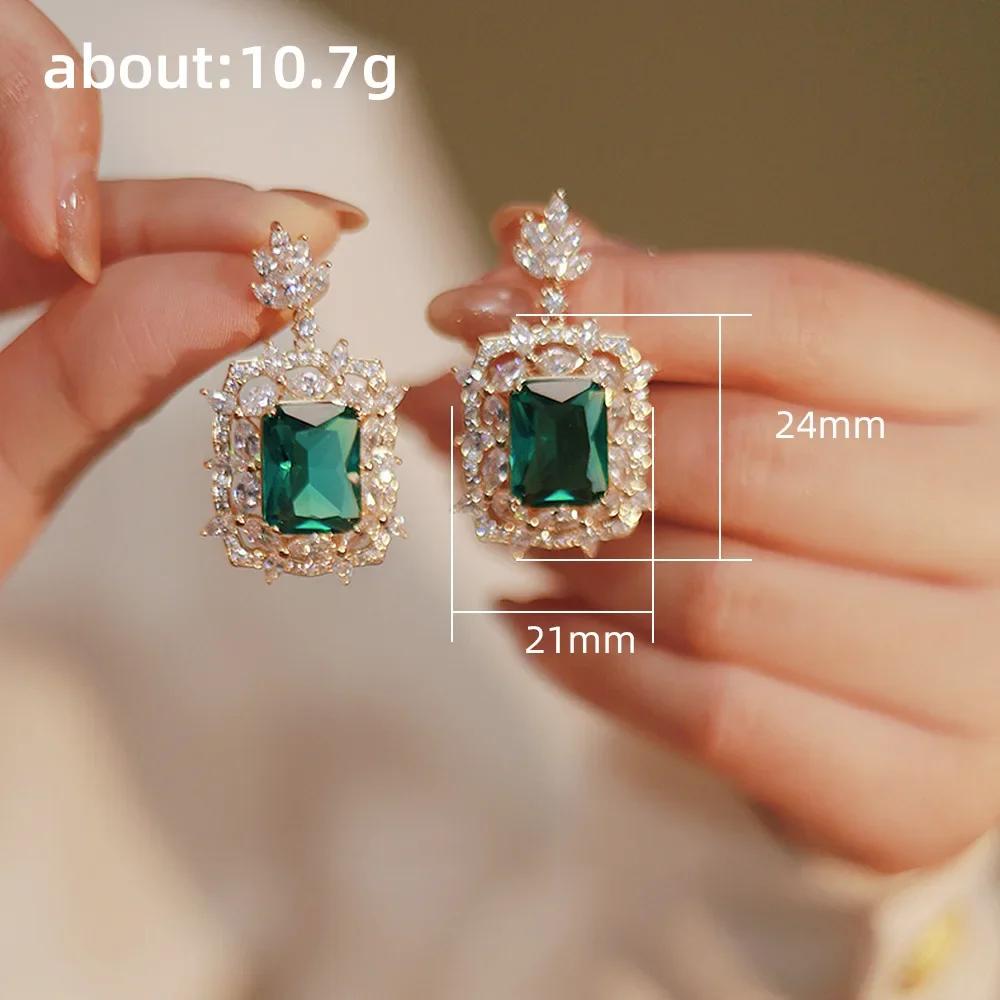 New Popular Women'S Pendant Emerald Earrings Retro Party Accessories With Bright Green Zirconia Elegant  Jewelry Gifts