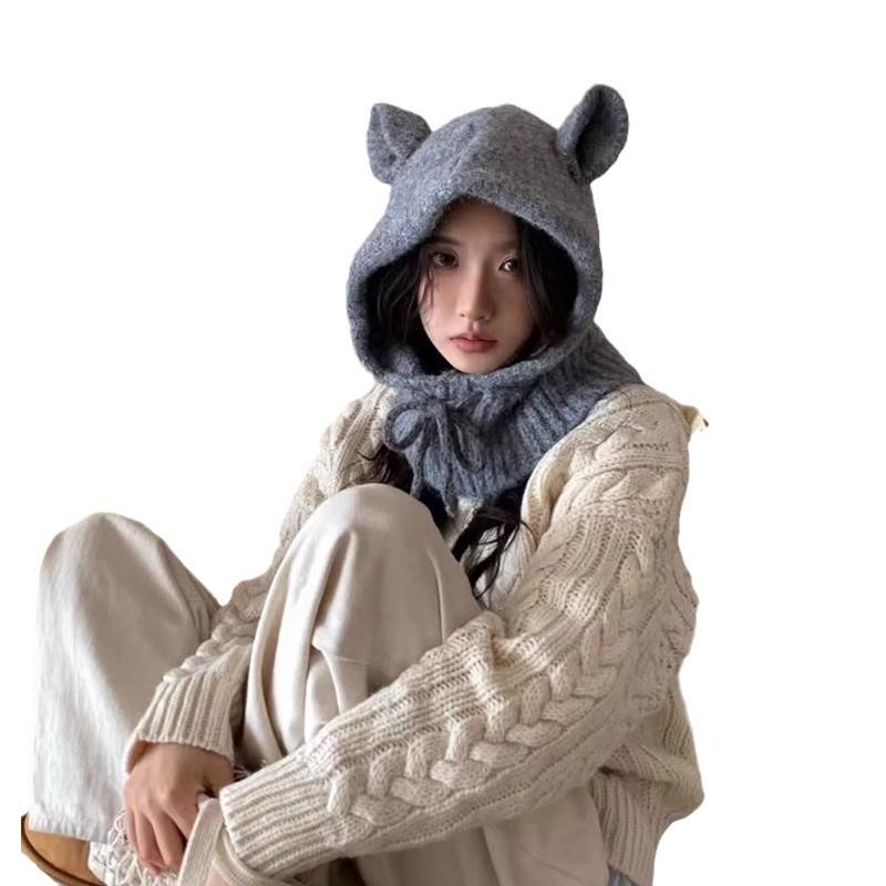 Cute Ears Balaclava Hat Scarf Integrated Red Knitted Hat Winter Warm Ear Protection Woolen Hat for Women