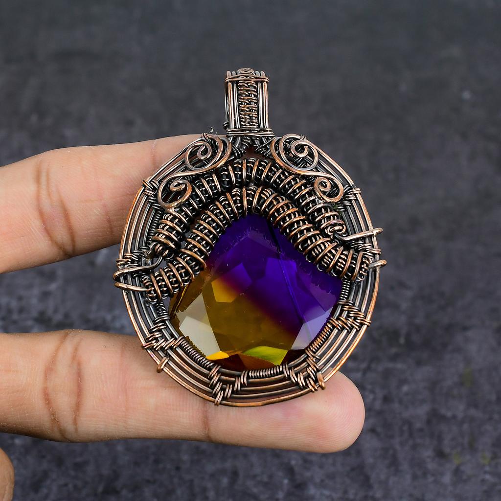 Piatră prețioasă Turmalină Bicoloră Bijuterie Pandantiv Înfășurat în Sârmă de Cupru 2,76" V1I62