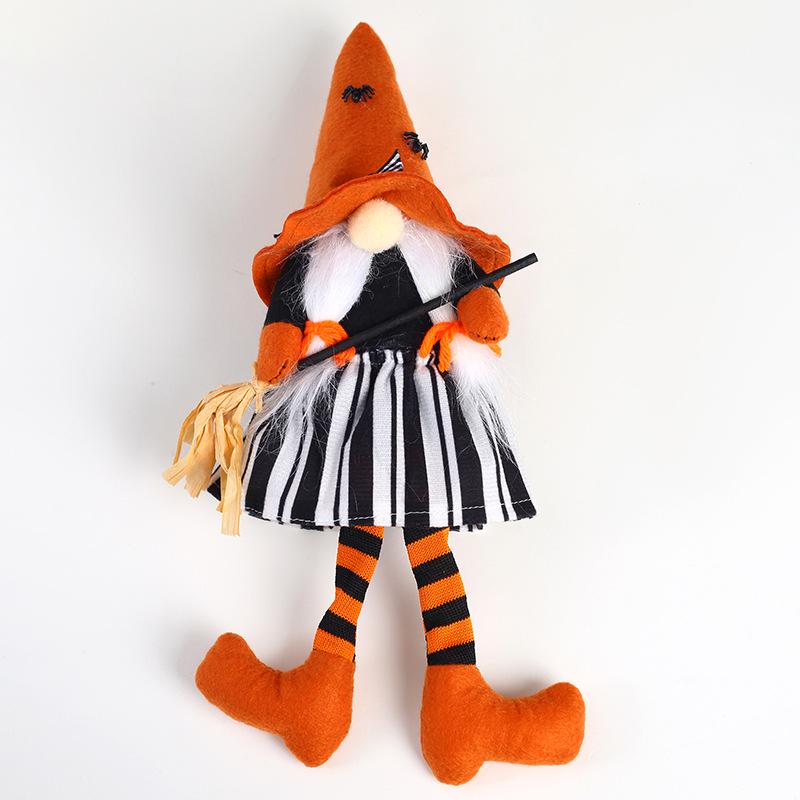 Halloween Witch Gnome Broom Decoration with Black Hat and Long Legs Pumpkin Ornament