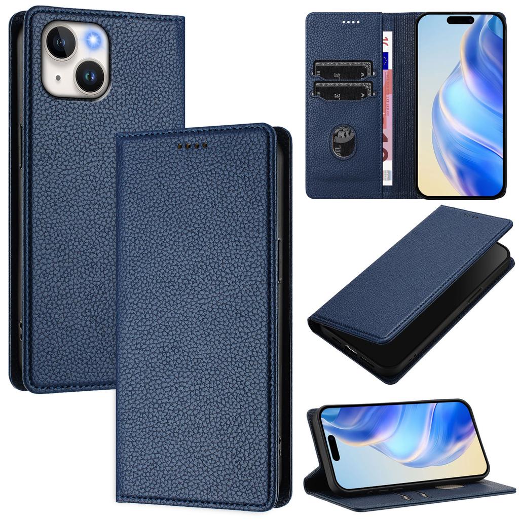 For iPhone 15 Wallet Case RFID Blocking Litchi Texture Leather Mobile Cover