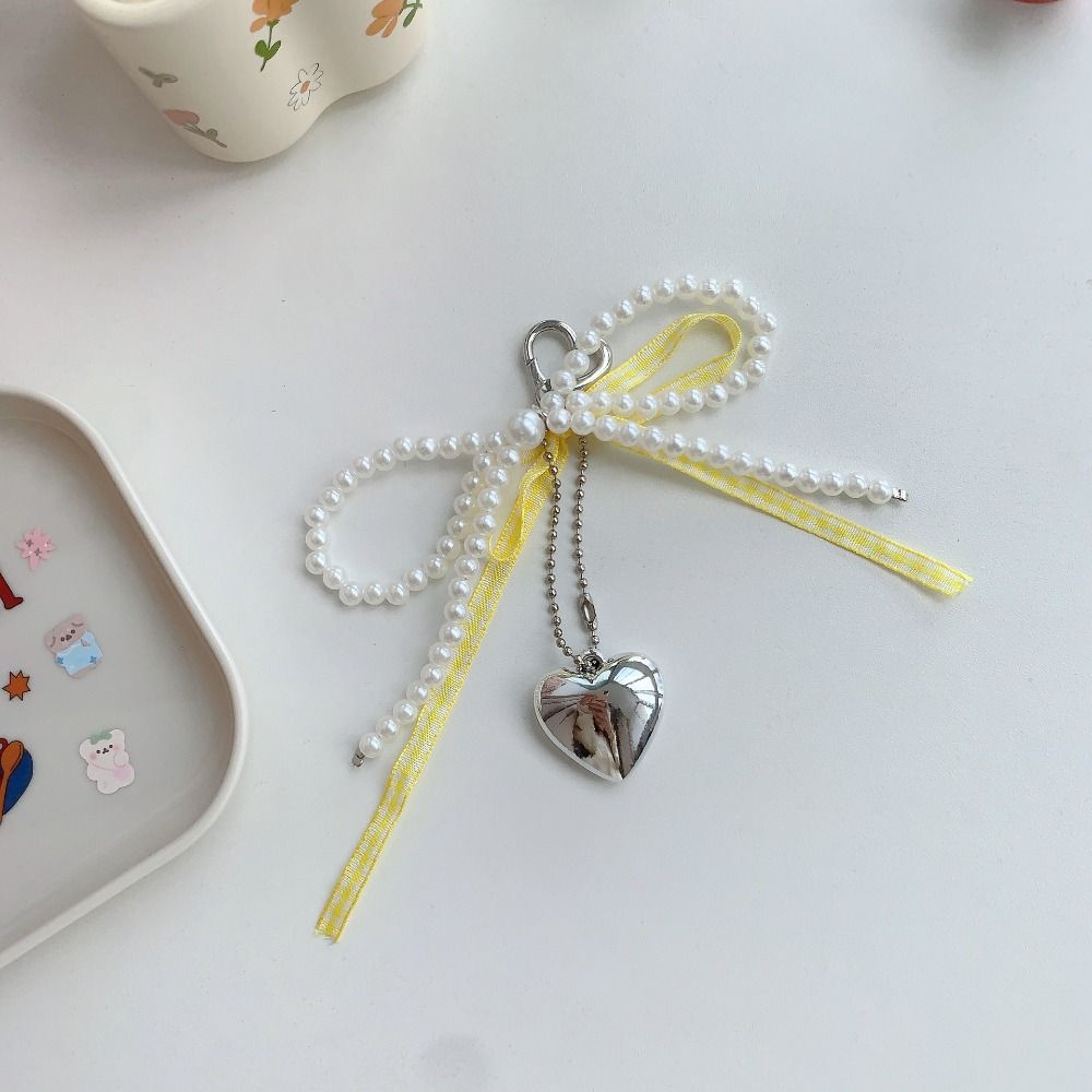 Heart Bow Phone Chain Imitation Pearl Heart Pendant Keyring Simple Bow Bag Pendant  Lady