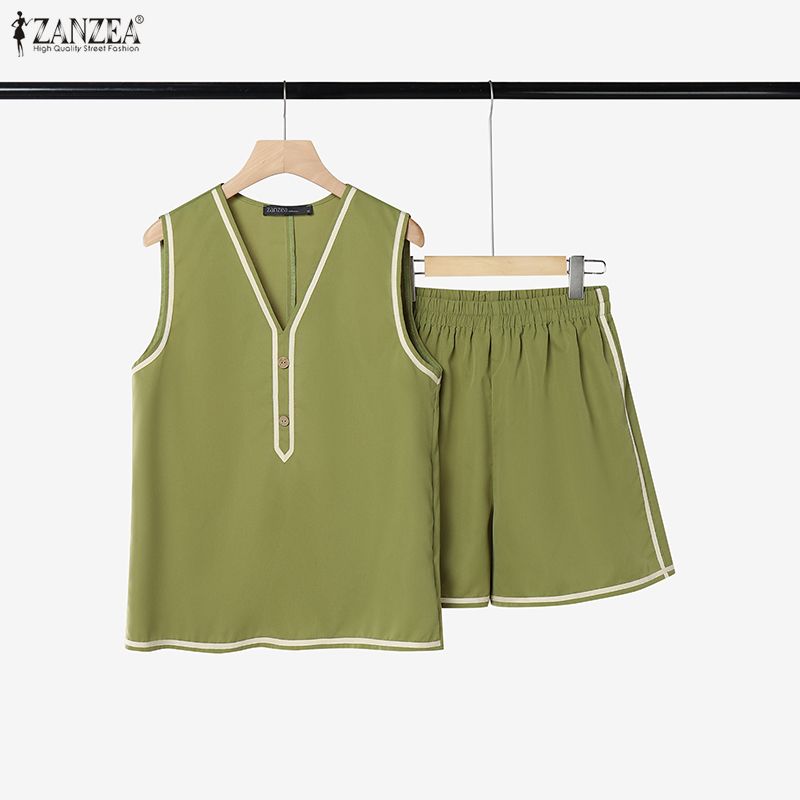 ZANZEA Maiouri Fără Mâneci Tip Vestă pentru Femei și Pantaloni Scurți Seturi Costume Două Piese de Vară
