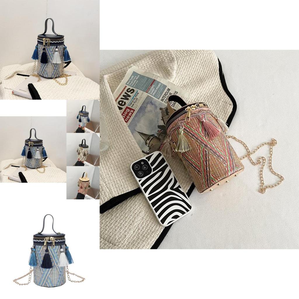 Stylish Round Box Bag For Women In Ethnic Design Soft Weave With Tassel Detail