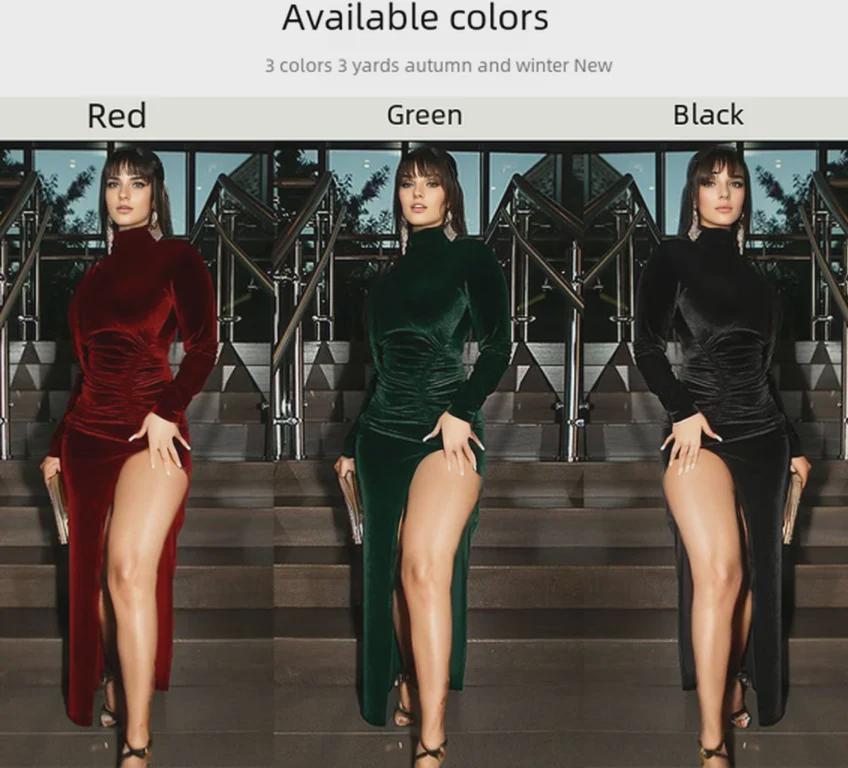 Elegancka sukienka z wysokim kołnierzem, długim rękawem, plisowana, z rozcięciem dla kobiet na jesień/zimę 2024 - Moda europejska i amerykańska