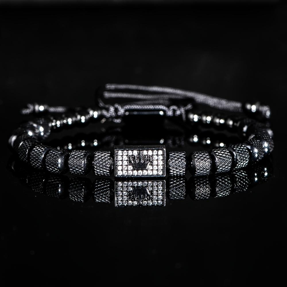 [Micro-Set Bead Bracelet] Luxury Micro-Set Square Crown Bead Adjustable Size Men's Gorgeous Braided Bracelet