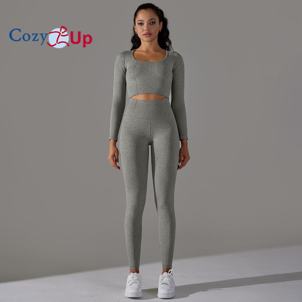 Cozy Up Workout Sets for Women 2 Piece Yoga Gym Outfits Seamless Ribbed Leggings with Long Sleeve Tops