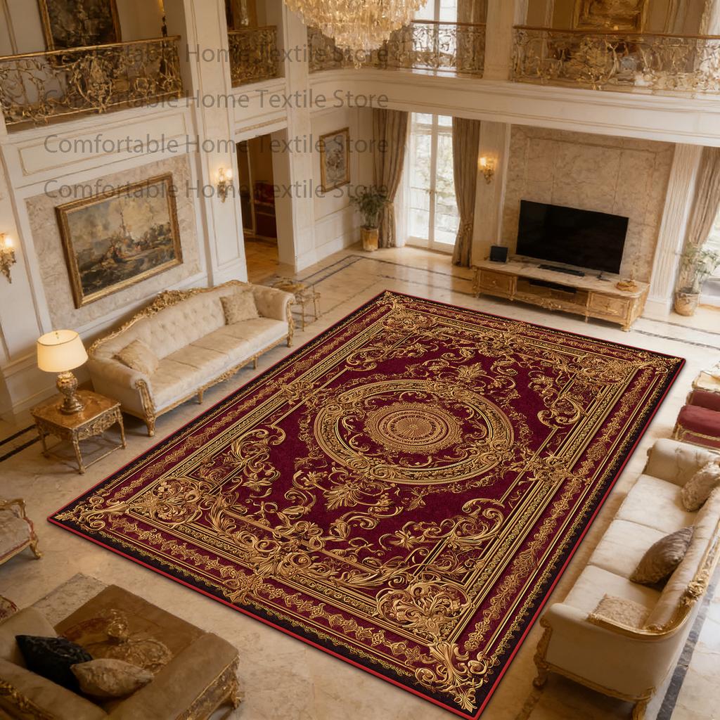 European Red Retro Large Apartment Soft Carpet Decoration Living Room Non-slip Luxury Rug Easy Clean Lint-free Coffee Tables Mat