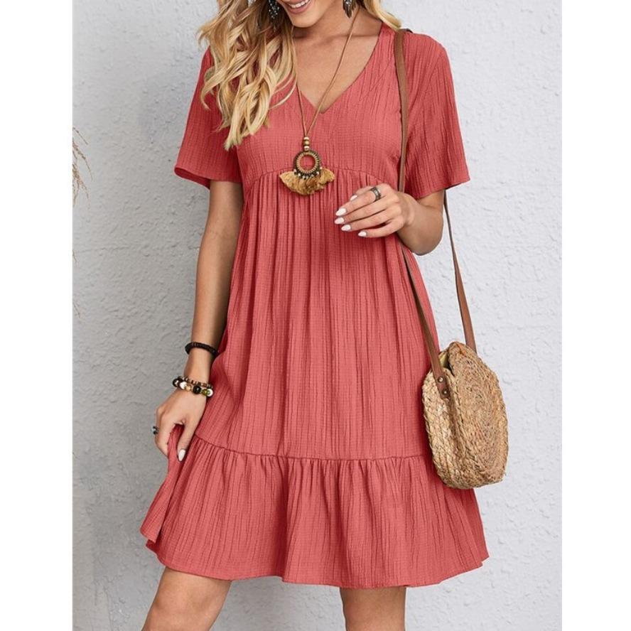 TIFICY Women s Fashion Summer Spring Solid Color Print Short Sleeve V-Neck Casual Dresses S красный