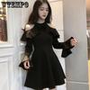 WTEMPO Ladies Long Sleeve Black Dress Women Solid Off Shoulder All-match Spring Elegant A-line Sexy Party Mini Dress