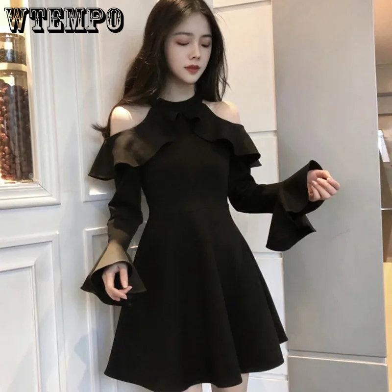 WTEMPO Ladies Long Sleeve Black Dress Women Solid Off Shoulder All-match Spring Elegant A-line Sexy Party Mini Dress
