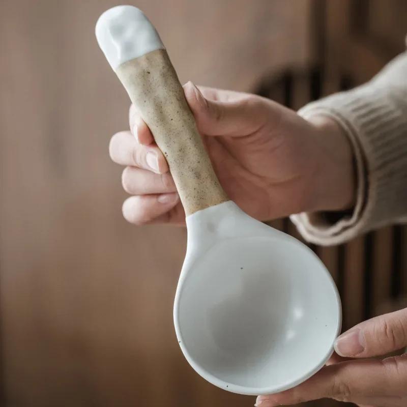 Japanese Creative Handmade Stoneware Large Soup Spoon Simple Household Tableware Ceramic Big Rice Spoons Home Kitchen Supplies