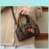 Small Artistic Retro Bear Embroidery Check Pattern Handbag For Casual Outings