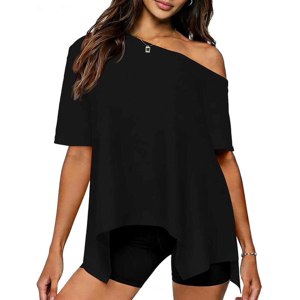 Women's Casual Off-shoulder Short-sleeved Asymmetric Hem Casual T-shirt Top