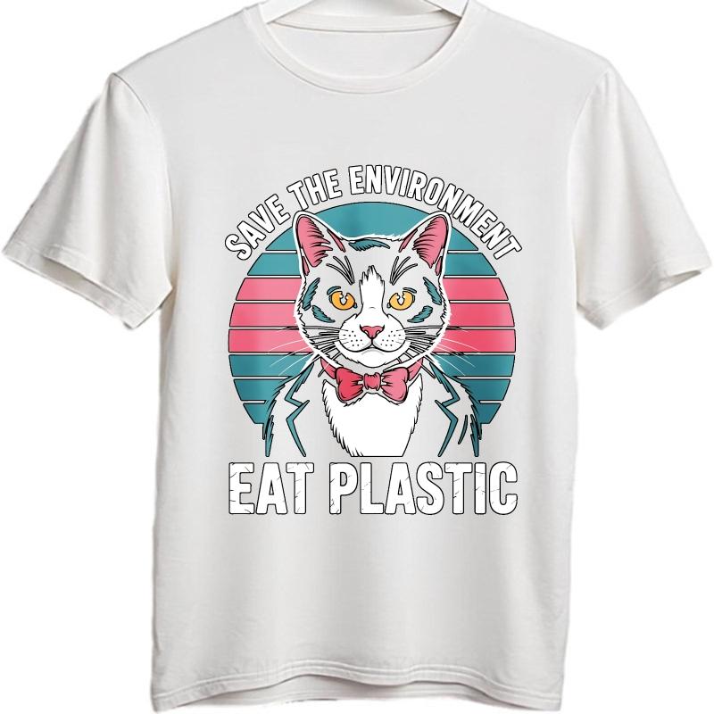 New Arrived Unisex Crew Neck Tshirt Black Save The EnvironUnisext Eat Plastic Cat Everyday For Unisex Tee Shirt Male Summer Teeshirt